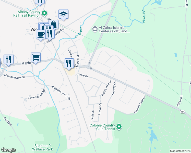 map of restaurants, bars, coffee shops, grocery stores, and more near 24 Circle Drive in Voorheesville