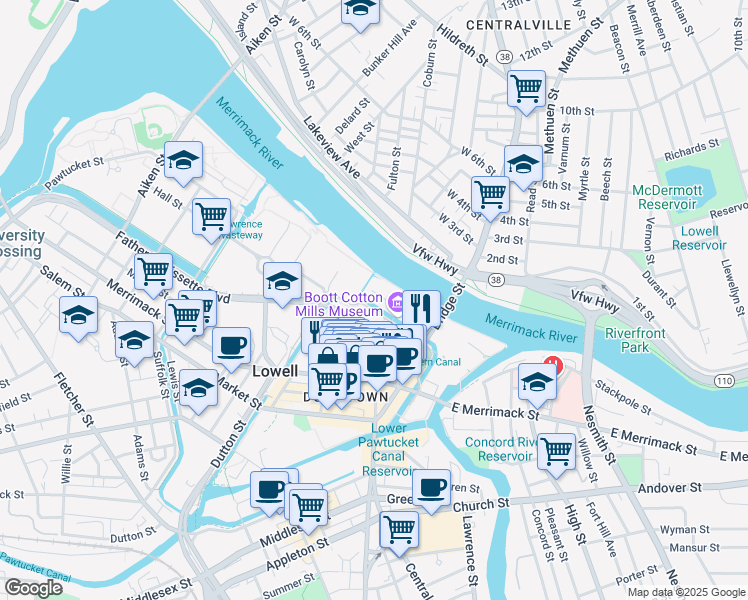 map of restaurants, bars, coffee shops, grocery stores, and more near 116 John Street in Lowell