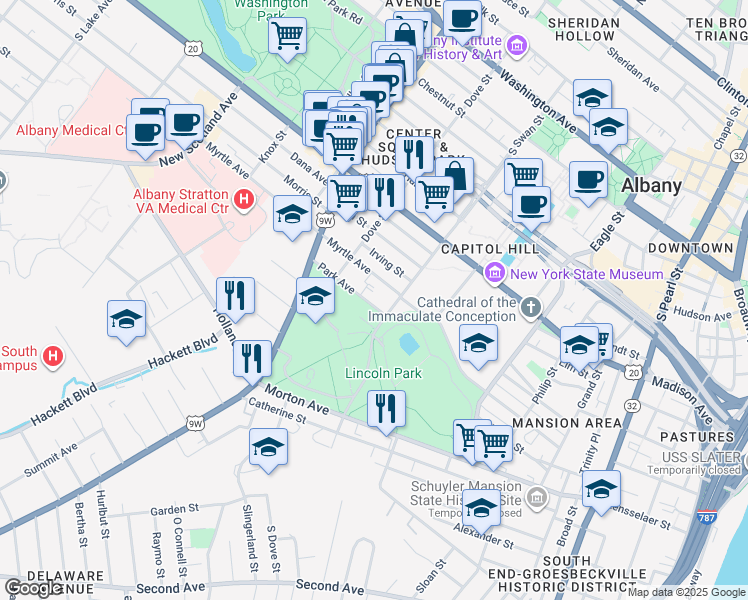 map of restaurants, bars, coffee shops, grocery stores, and more near 201 Park Avenue in Albany