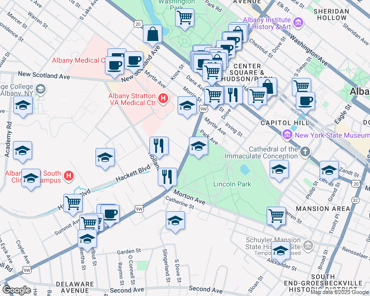 map of restaurants, bars, coffee shops, grocery stores, and more near 89 Delaware Avenue in Albany