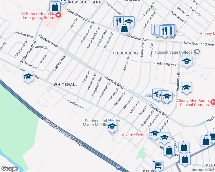 map of restaurants, bars, coffee shops, grocery stores, and more near 27 Marwood Street in Albany