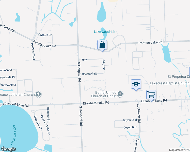 map of restaurants, bars, coffee shops, grocery stores, and more near 6869 Chesterfield in Waterford Township