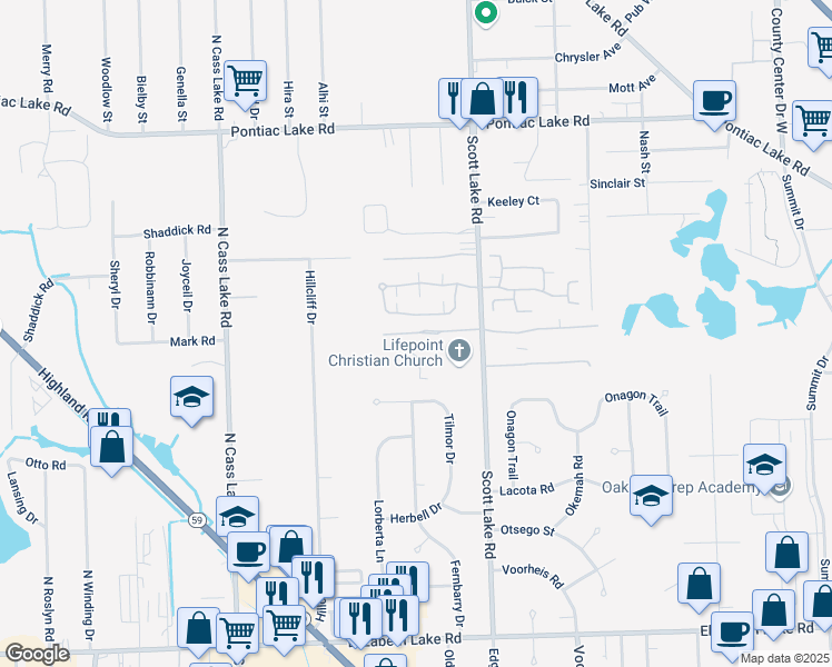 map of restaurants, bars, coffee shops, grocery stores, and more near 3165 Harbor Court in Waterford Township