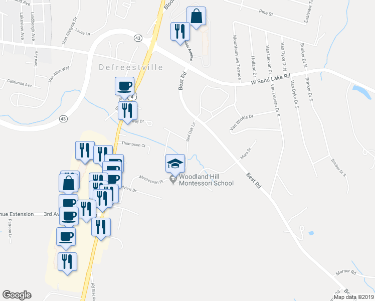 map of restaurants, bars, coffee shops, grocery stores, and more near 30 Red Oak Lane in Rensselaer