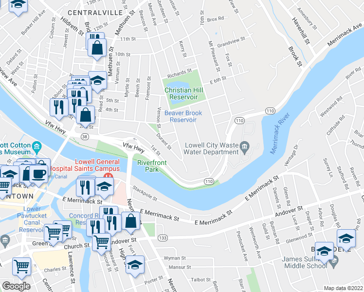 map of restaurants, bars, coffee shops, grocery stores, and more near 81 Beacon Street in Lowell