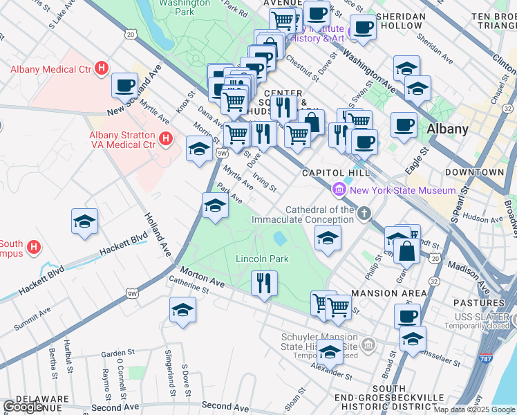 map of restaurants, bars, coffee shops, grocery stores, and more near 201 Park Avenue in Albany