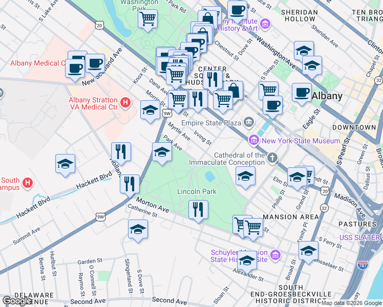 map of restaurants, bars, coffee shops, grocery stores, and more near 201 Park Avenue in Albany