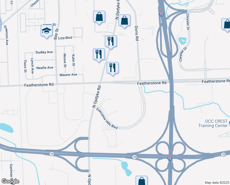 map of restaurants, bars, coffee shops, grocery stores, and more near 2200 Featherstone Road in Auburn Hills