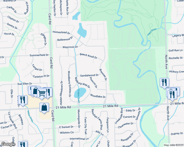 map of restaurants, bars, coffee shops, grocery stores, and more near 22277 Sandalwood Drive in Macomb