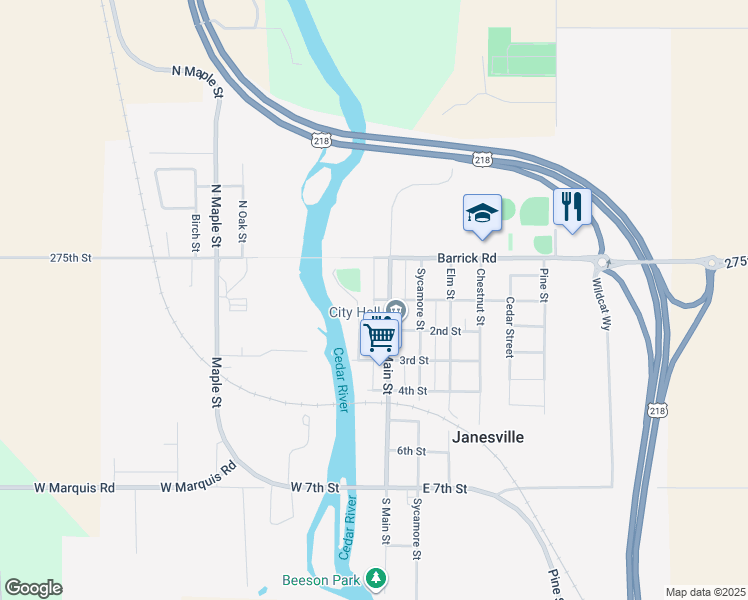 map of restaurants, bars, coffee shops, grocery stores, and more near 100 1st Street in Janesville