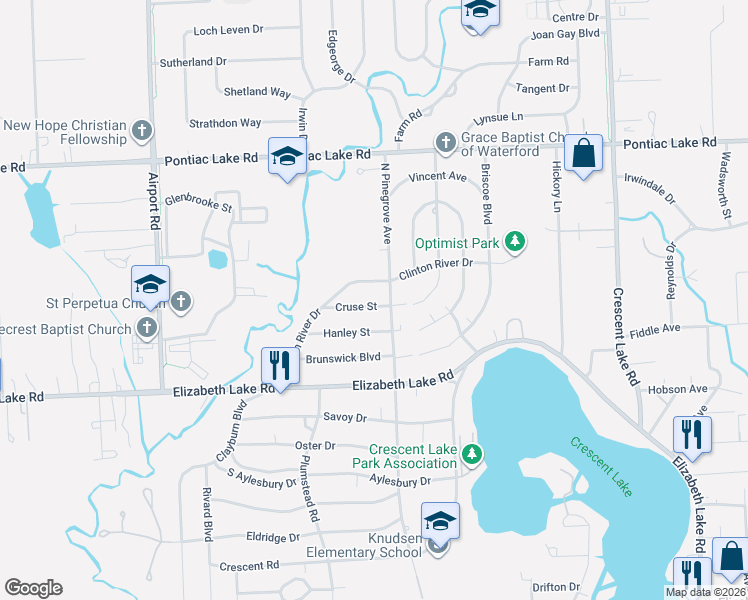 map of restaurants, bars, coffee shops, grocery stores, and more near 5525 Cruse Street in Waterford Township