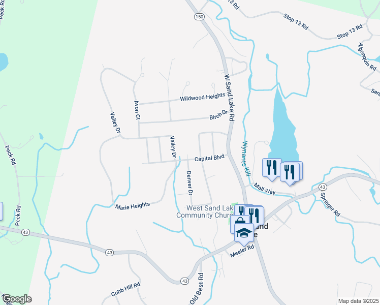 map of restaurants, bars, coffee shops, grocery stores, and more near 42 Capital Boulevard in West Sand Lake