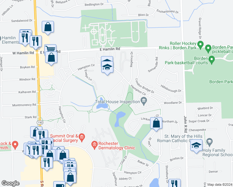 map of restaurants, bars, coffee shops, grocery stores, and more near 610 Byron Court in Rochester Hills