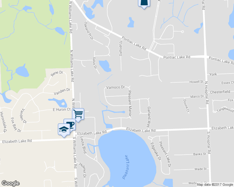 map of restaurants, bars, coffee shops, grocery stores, and more near 7662 Woodside Place in Waterford Township