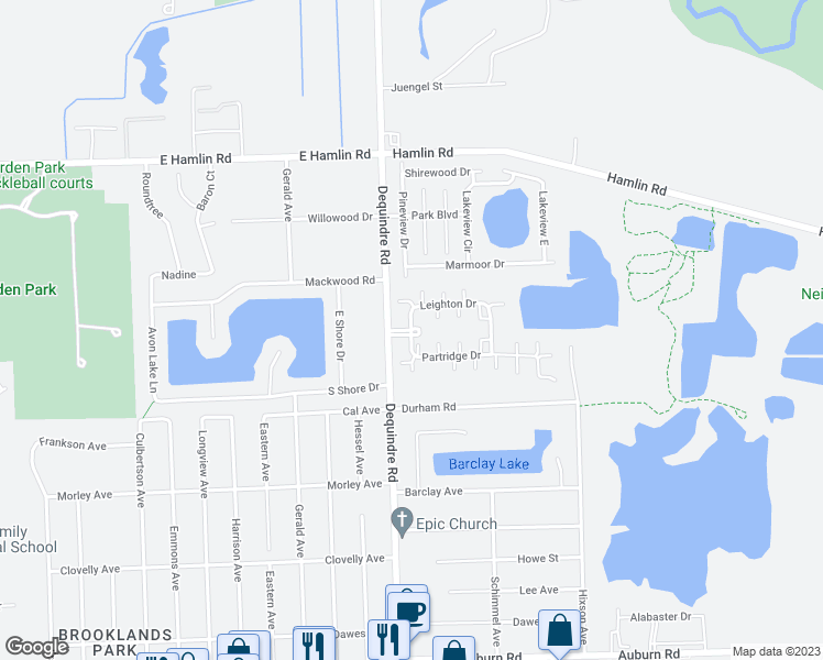 map of restaurants, bars, coffee shops, grocery stores, and more near Commonview Drive in Shelby charter Township