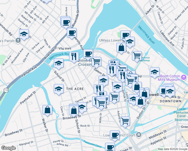map of restaurants, bars, coffee shops, grocery stores, and more near 22 Bowers Street in Lowell