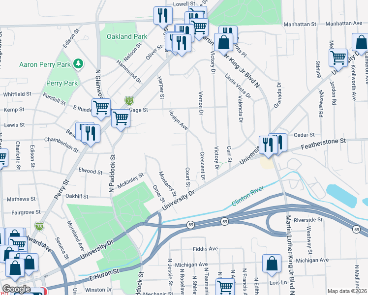 map of restaurants, bars, coffee shops, grocery stores, and more near 95 Court Street in Pontiac