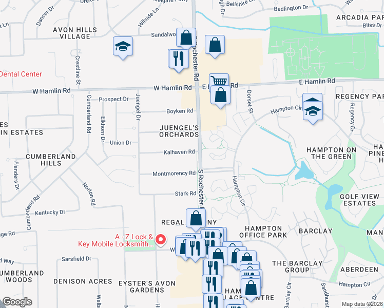 map of restaurants, bars, coffee shops, grocery stores, and more near 2240 South Rochester Road in Rochester Hills