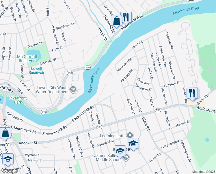 map of restaurants, bars, coffee shops, grocery stores, and more near 61 Heritage Drive in Lowell