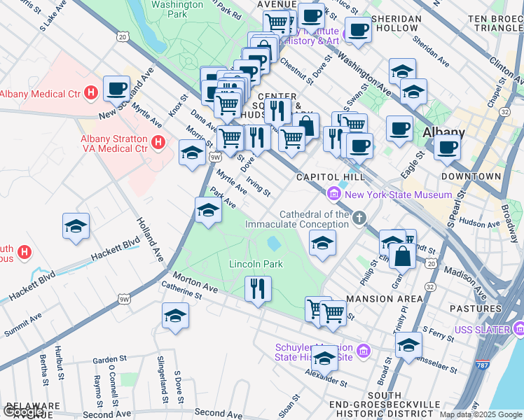 map of restaurants, bars, coffee shops, grocery stores, and more near 160 Myrtle Avenue in Albany
