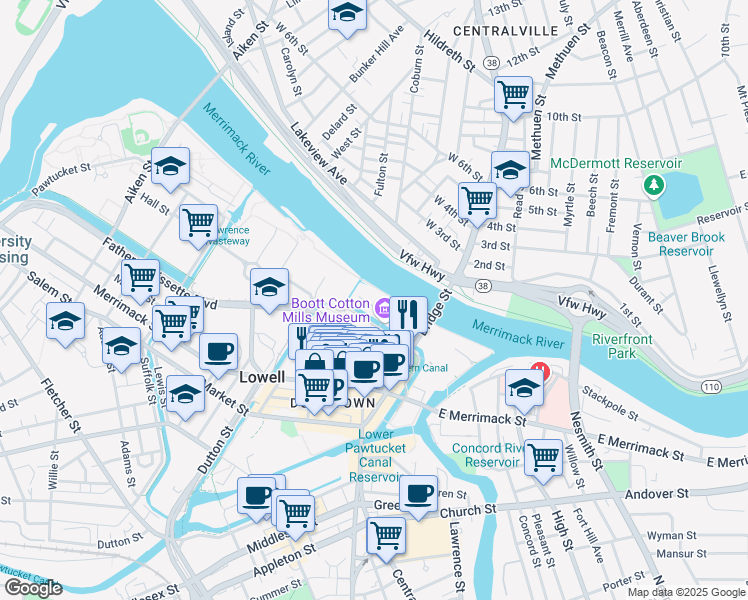 map of restaurants, bars, coffee shops, grocery stores, and more near 116 John Street in Lowell