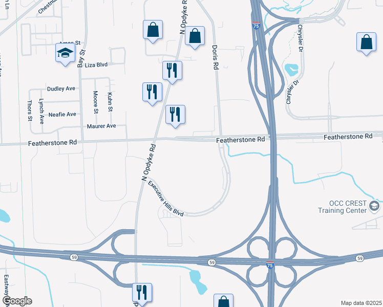 map of restaurants, bars, coffee shops, grocery stores, and more near 2200 Featherstone Road in Auburn Hills