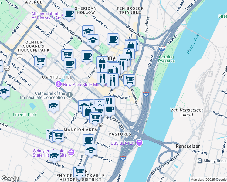 map of restaurants, bars, coffee shops, grocery stores, and more near 48 South Pearl Street in Albany