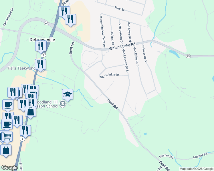 map of restaurants, bars, coffee shops, grocery stores, and more near 1 Mara Drive in Rensselaer
