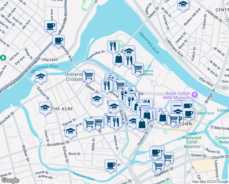 map of restaurants, bars, coffee shops, grocery stores, and more near 657 Merrimack Street in Lowell