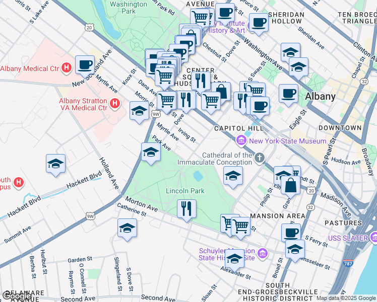 map of restaurants, bars, coffee shops, grocery stores, and more near 162 Myrtle Avenue in Albany