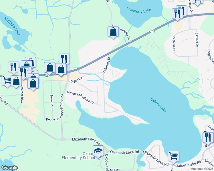 map of restaurants, bars, coffee shops, grocery stores, and more near 358 Lakeside Drive in White Lake charter Township