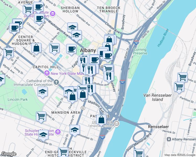map of restaurants, bars, coffee shops, grocery stores, and more near 62 South Pearl Street in Albany