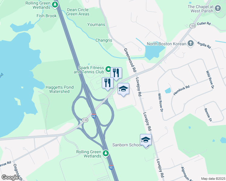 map of restaurants, bars, coffee shops, grocery stores, and more near 321 Lowell Street in Andover