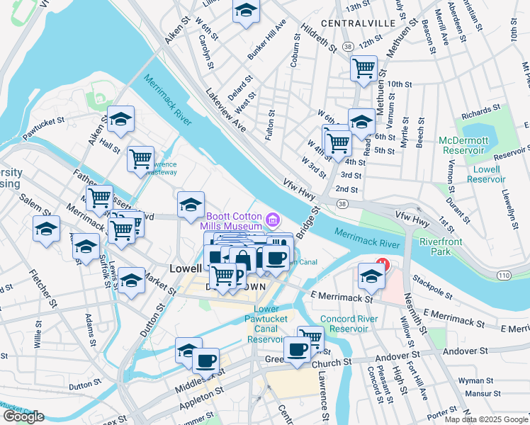 map of restaurants, bars, coffee shops, grocery stores, and more near 116 John Street in Lowell