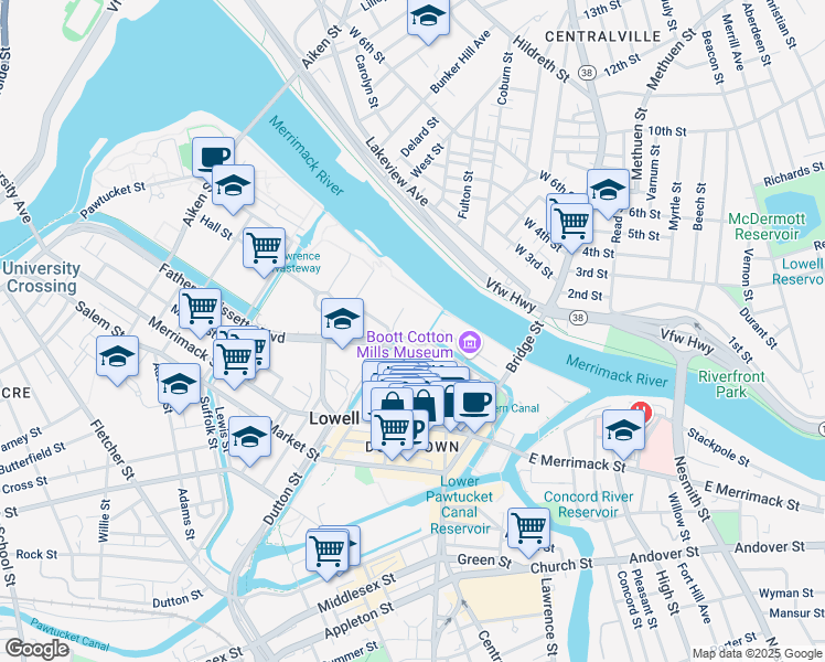 map of restaurants, bars, coffee shops, grocery stores, and more near 12 French Street in Lowell
