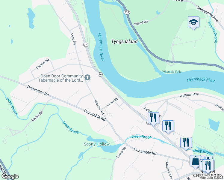 map of restaurants, bars, coffee shops, grocery stores, and more near 170 Tyngsboro Road in Chelmsford