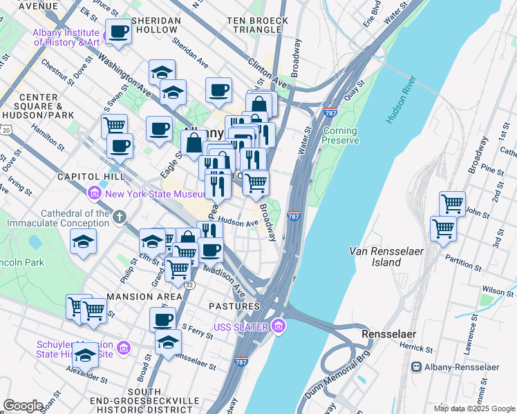 map of restaurants, bars, coffee shops, grocery stores, and more near 418 Broadway in Albany