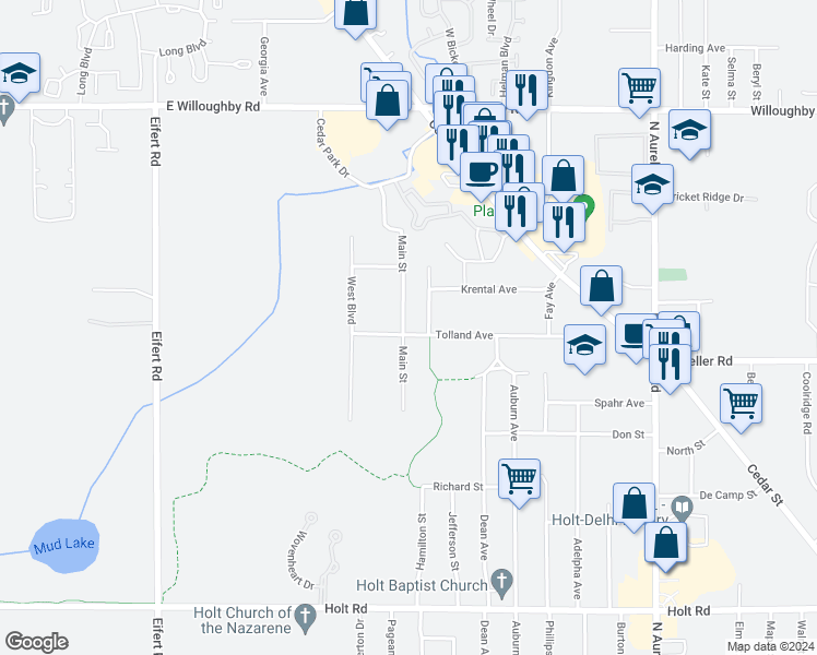 map of restaurants, bars, coffee shops, grocery stores, and more near 4735 Tolland Avenue in Delhi charter Township
