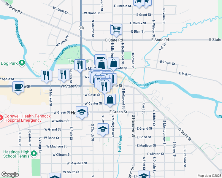 map of restaurants, bars, coffee shops, grocery stores, and more near 121 South Jefferson Street in Hastings
