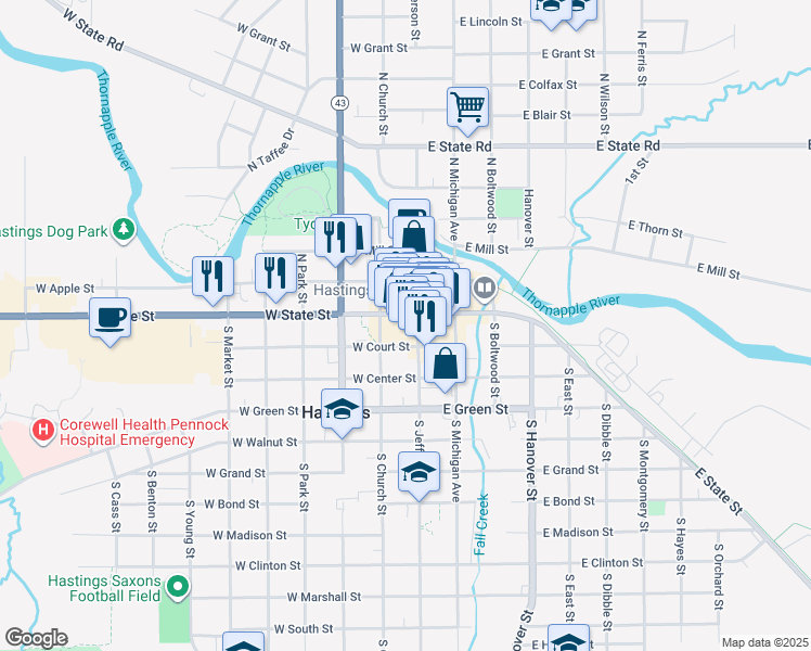 map of restaurants, bars, coffee shops, grocery stores, and more near 121 South Church Street in Hastings