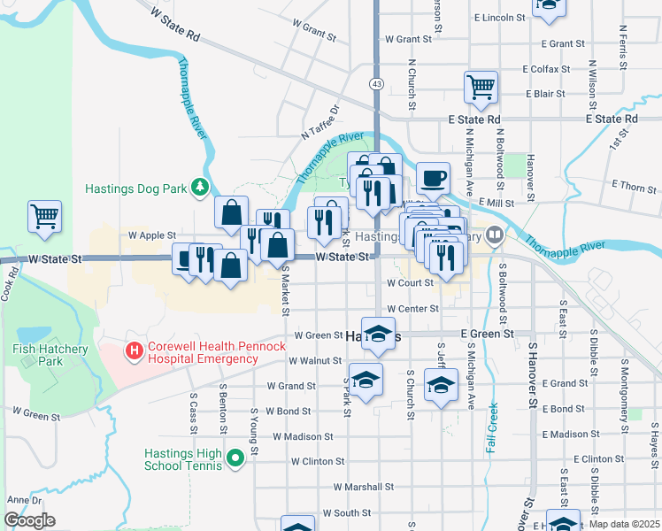 map of restaurants, bars, coffee shops, grocery stores, and more near 419 West Court Street in Hastings