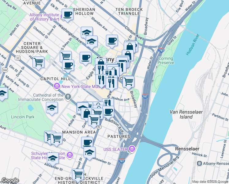 map of restaurants, bars, coffee shops, grocery stores, and more near 62 South Pearl Street in Albany