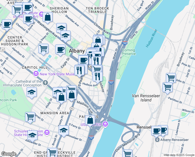 map of restaurants, bars, coffee shops, grocery stores, and more near 418 Broadway in Albany
