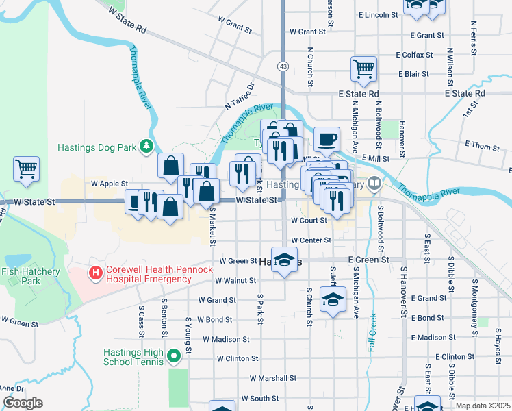 map of restaurants, bars, coffee shops, grocery stores, and more near 419 West Court Street in Hastings