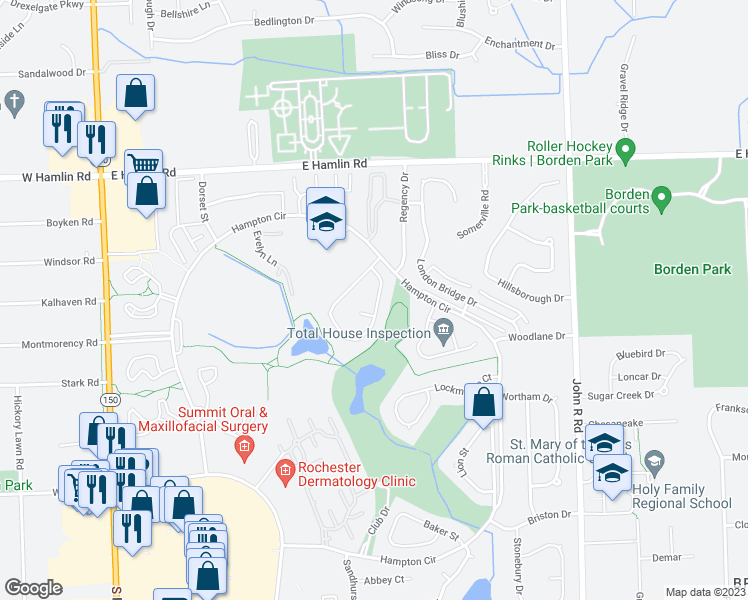 map of restaurants, bars, coffee shops, grocery stores, and more near 675 Tennyson in Rochester Hills