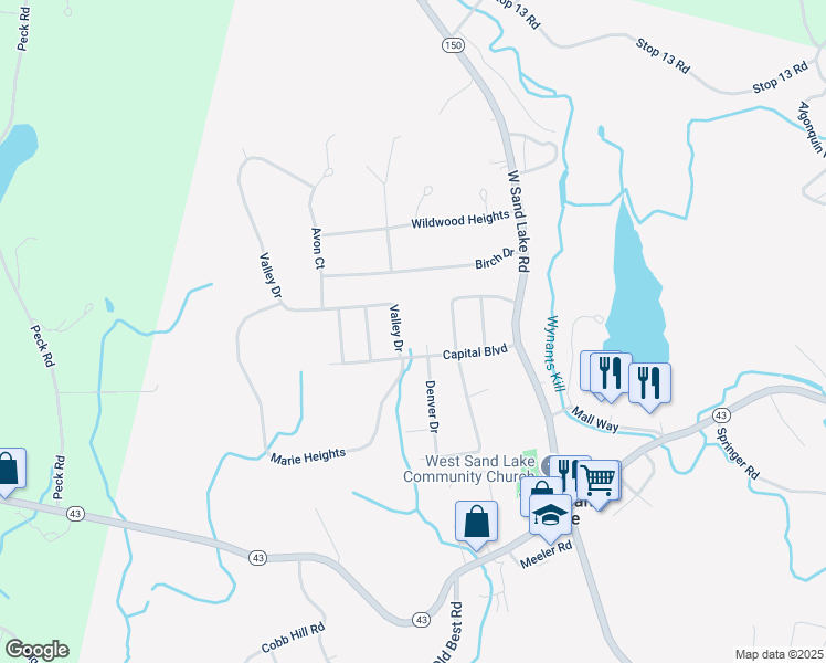 map of restaurants, bars, coffee shops, grocery stores, and more near 42 Capital Boulevard in West Sand Lake
