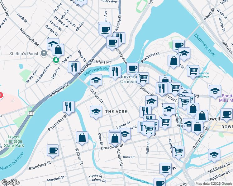 map of restaurants, bars, coffee shops, grocery stores, and more near 35 Mount Vernon Street in Lowell