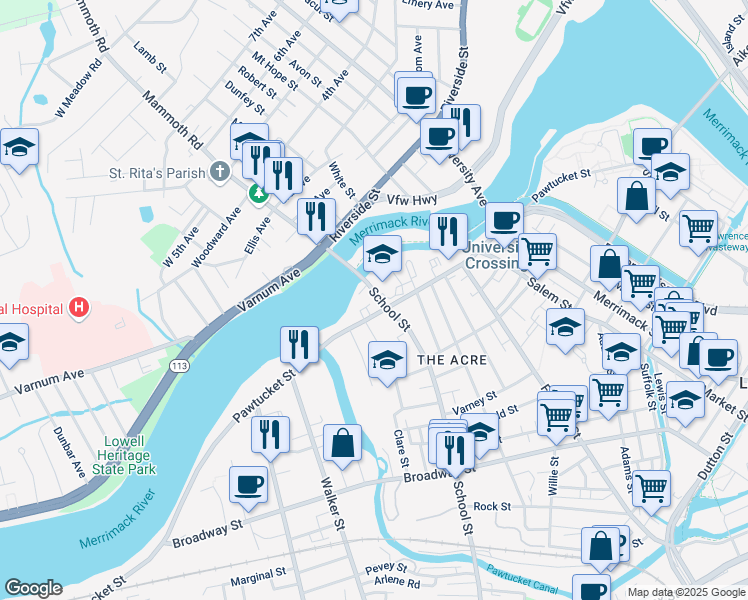 map of restaurants, bars, coffee shops, grocery stores, and more near in Lowell