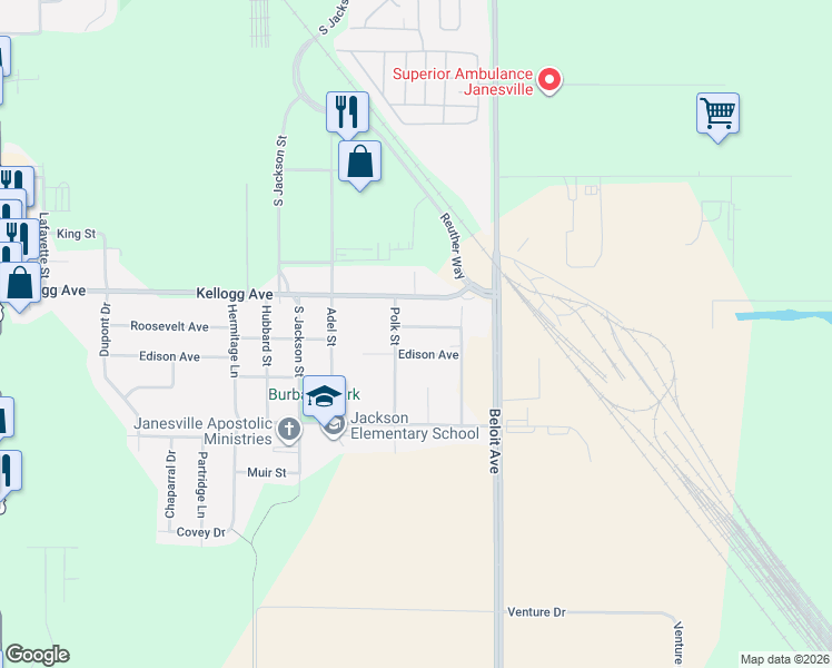 map of restaurants, bars, coffee shops, grocery stores, and more near 232 Edison Avenue in Janesville