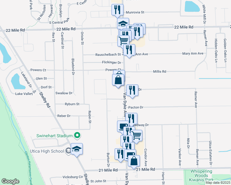 map of restaurants, bars, coffee shops, grocery stores, and more near 7701-7999 Norse Avenue in Shelby charter Township